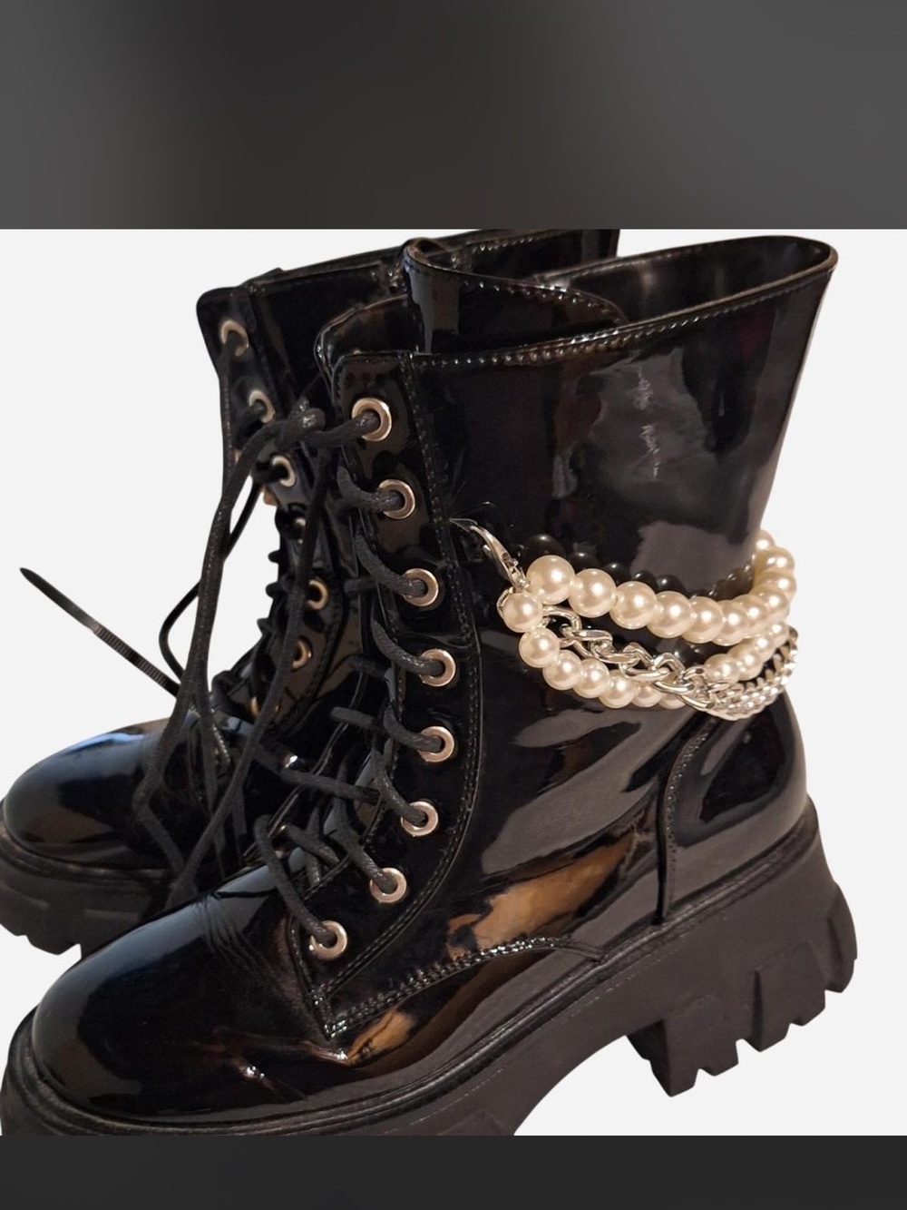 Fashion Nova Black Patent Pearl-Chain Combat Boots
